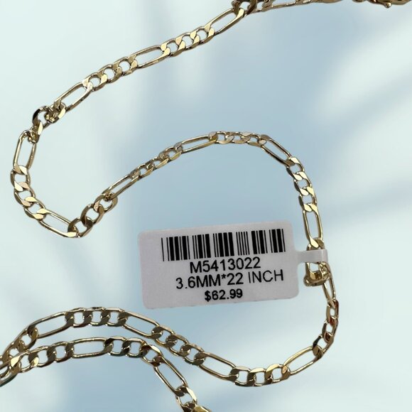 Primus Yellow Gold Plated Figaro Chain Necklace 22" Long, 3.6mm Wide - Picture 3 of 8